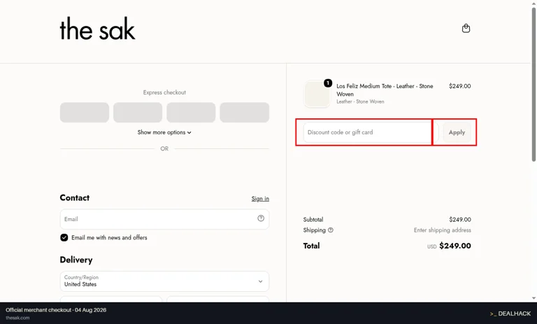 The Sak checkout page showing the Discount code or gift card field and Apply button