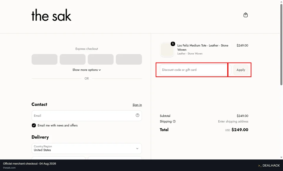 The Sak checkout page showing the Discount code or gift card field and Apply button