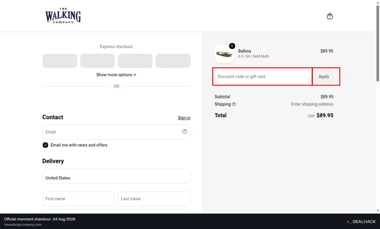 The Walking Company checkout page showing the Discount code or gift card field and Apply button