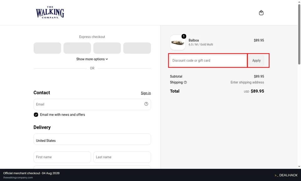 The Walking Company checkout page showing the Discount code or gift card field and Apply button