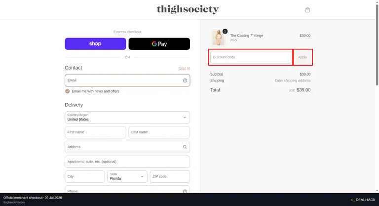 Thigh Society checkout page showing the Discount code field and Apply button