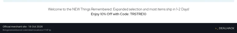 Screenshot of Things Remembered's website on Oct 16, 2026 showing the "Get 10% Off Sitewide at Things Remembered" offer