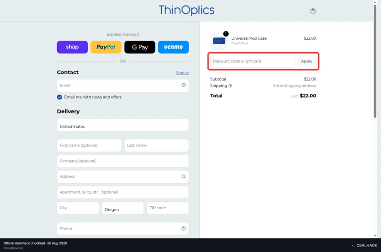 ThinOptics checkout page showing the Discount code or gift card field and Apply button