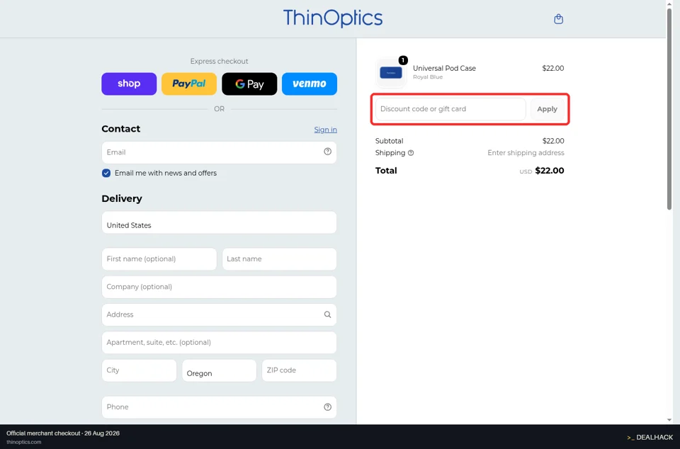 ThinOptics checkout page showing the Discount code or gift card field and Apply button