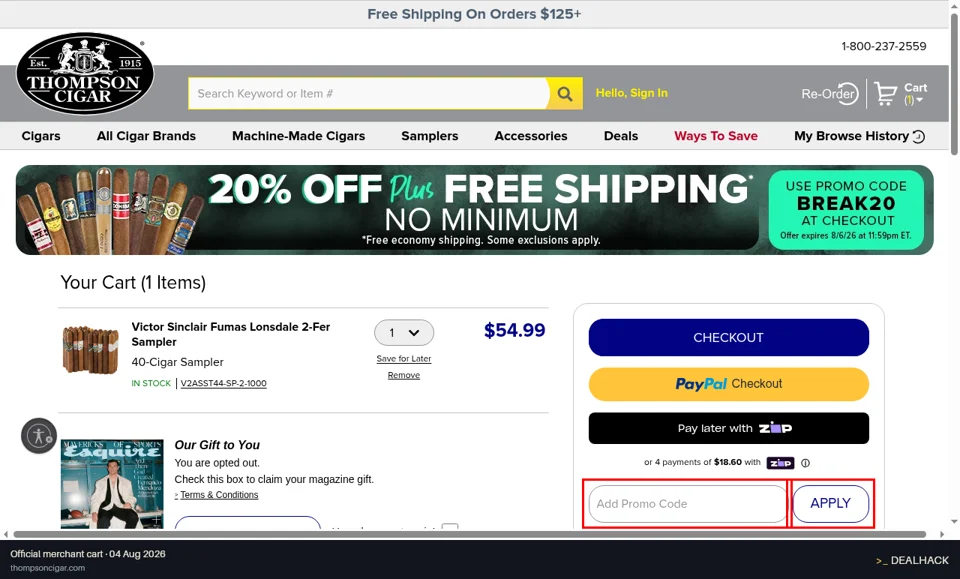 Thompson Cigar checkout page showing the Add Promo Code field and Apply button