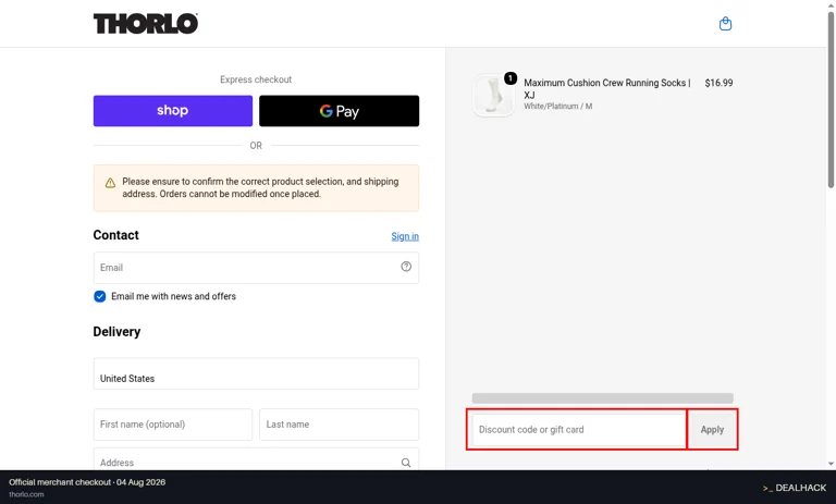 Thorlo checkout page showing the Discount code or gift card field and Apply button