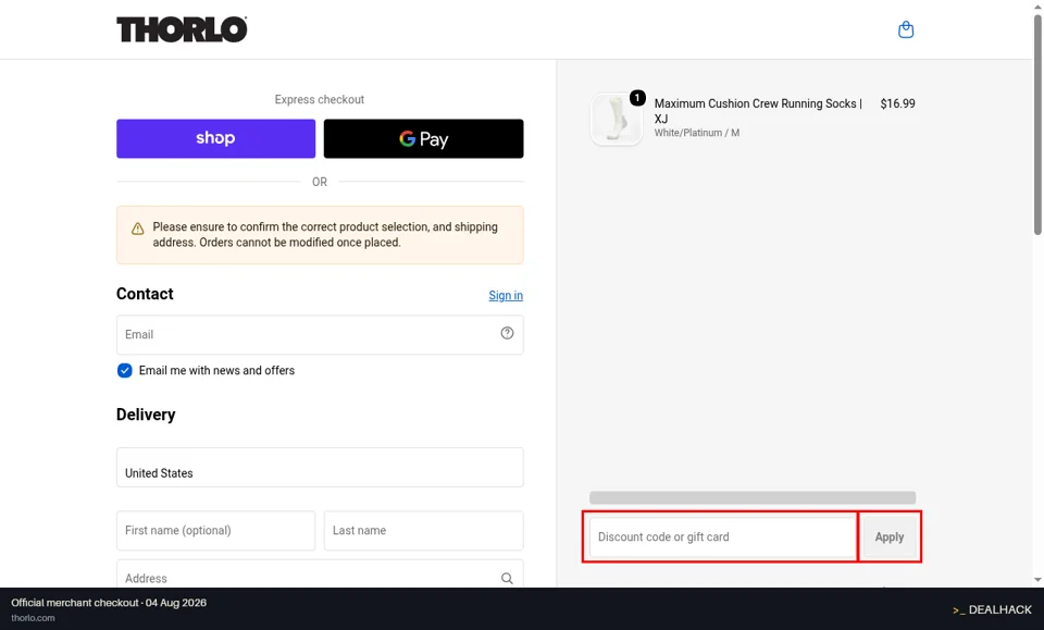 Thorlo checkout page showing the Discount code or gift card field and Apply button