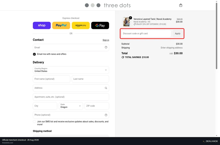 Three Dots checkout page showing the Discount code or gift card field and Apply button