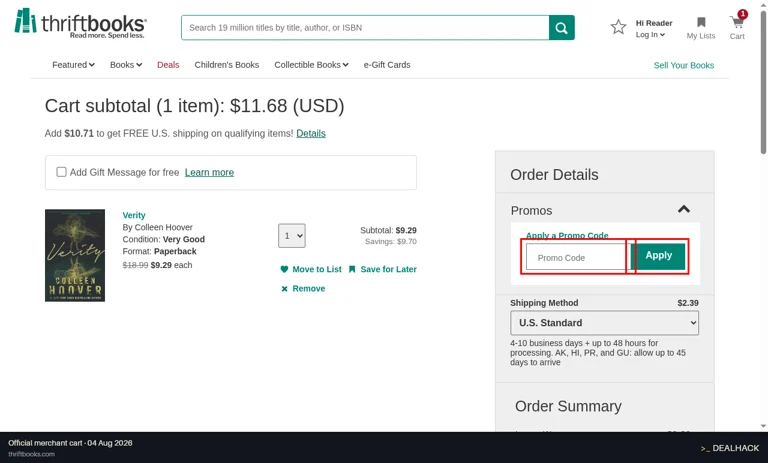 ThriftBooks checkout page showing the Promo Code field and Apply button
