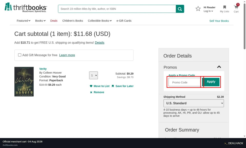 ThriftBooks checkout page showing the Promo Code field and Apply button
