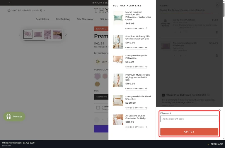 THXSILK checkout page showing the Add a discount code field and Apply button