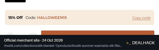 Screenshot of THXSILK's website on Oct 24, 2026 showing the "Save 15% on the Orange Silk Cooling Blanket" offer