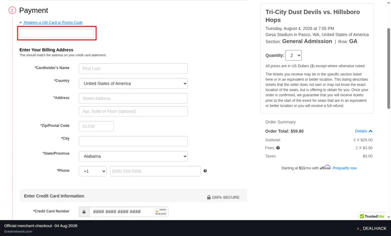 TicketNetwork checkout page showing the Gift Card or Promo Code field and Apply button
