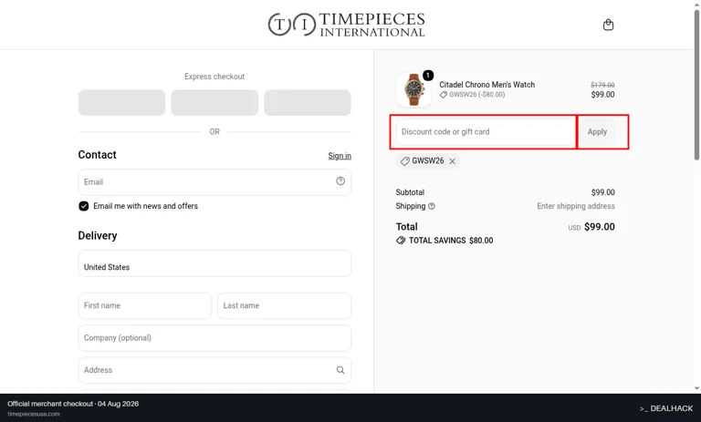 Timepieces checkout page showing the Discount code or gift card field and Apply button