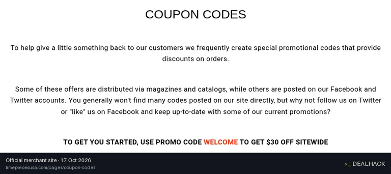Screenshot of Timepieces's website on Oct 17, 2026 showing the "Save $30 Off Sitewide at Timepieces USA" offer