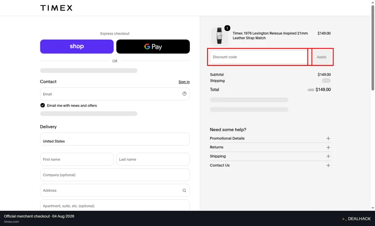 Timex checkout page showing the Discount code field and Apply button