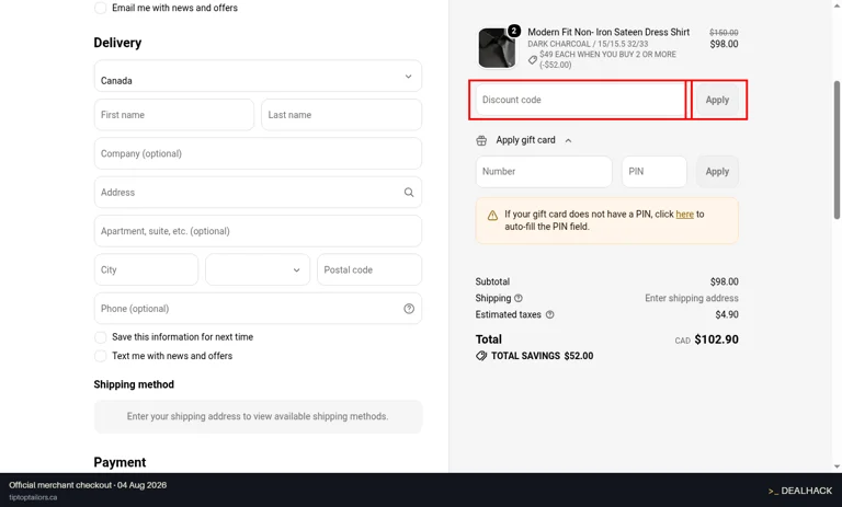 Tip Top Tailors checkout page showing the Discount code field and Apply button