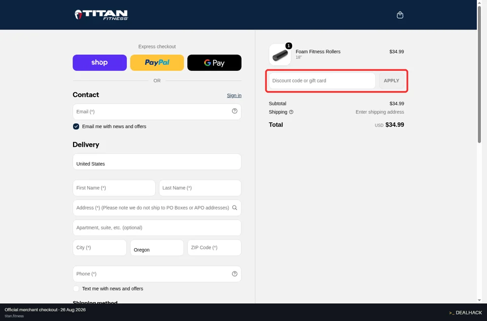 Titan Fitness checkout page showing the Discount code or gift card field and APPLY button