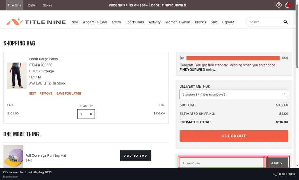 Title Nine checkout page showing the Promo Code field and Apply button