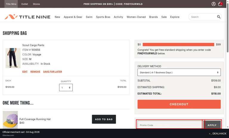 Title Nine checkout page showing the Promo Code field and Apply button