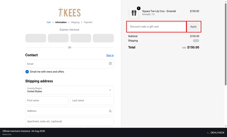 TKEES checkout page showing the Discount code or gift card field and Apply button