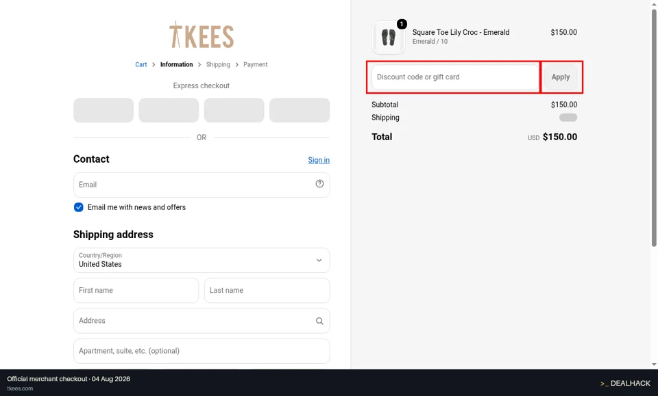 TKEES checkout page showing the Discount code or gift card field and Apply button