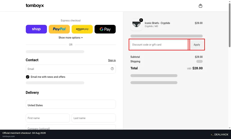TomboyX checkout page showing the Discount code or gift card field and Apply button