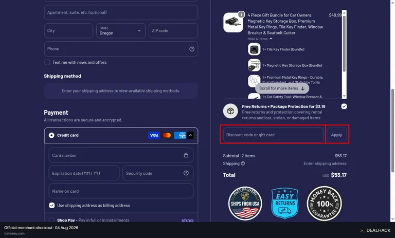 Tom's Key checkout page showing the Discount code or gift card field and Apply button