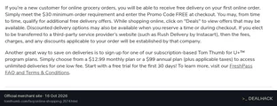 Screenshot of Tom Thumb's website on Oct 16, 2026 showing the "Get Free Delivery on Your First Online Order" offer