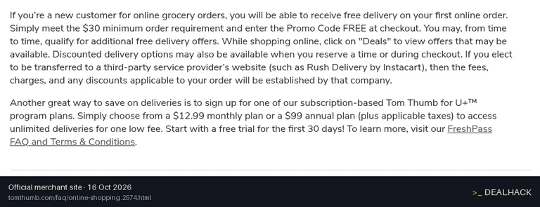 Screenshot of Tom Thumb's website on Oct 16, 2026 showing the "Get Free Delivery on Your First Online Order" offer