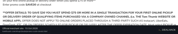 Screenshot of Tom Thumb's website on Oct 15, 2026 showing the "$30 Off First Pickup or Delivery Order $75+" offer