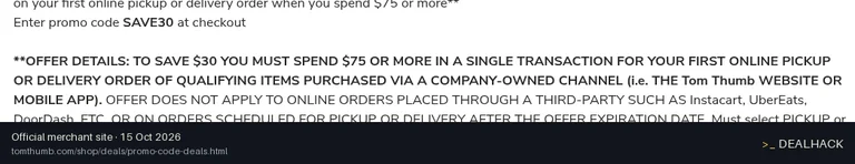 Screenshot of Tom Thumb's website on Oct 15, 2026 showing the "$30 Off First Pickup or Delivery Order $75+" offer