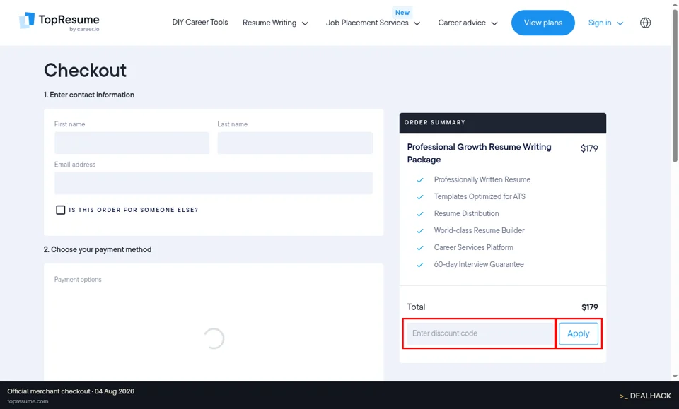 TopResume checkout page showing the Enter discount code field and Apply button