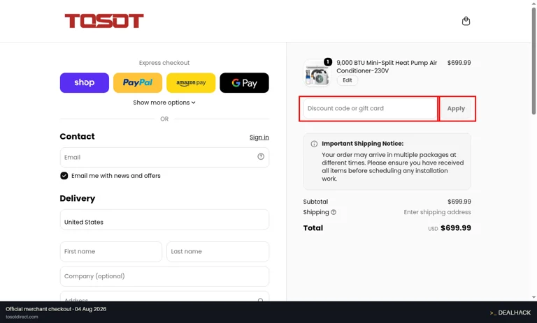 TOSOT Direct checkout page showing the Discount code or gift card field and Apply button