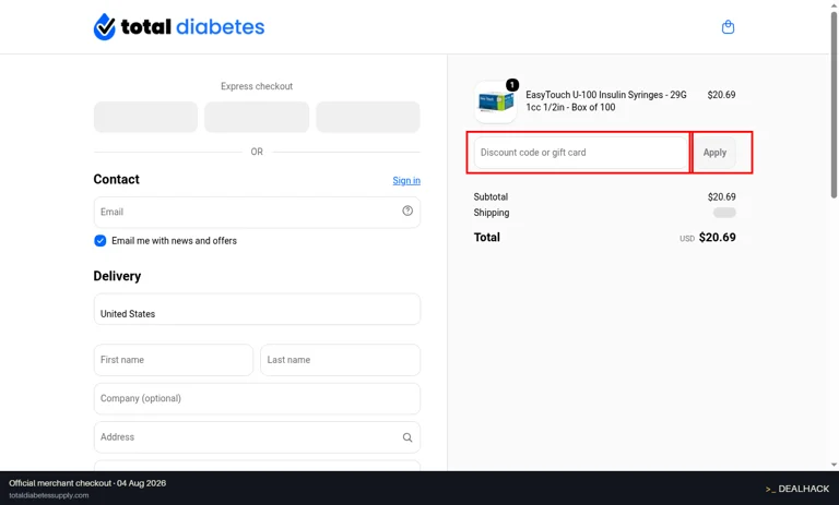 Total Diabetes Supply checkout page showing the Discount code or gift card field and Apply button