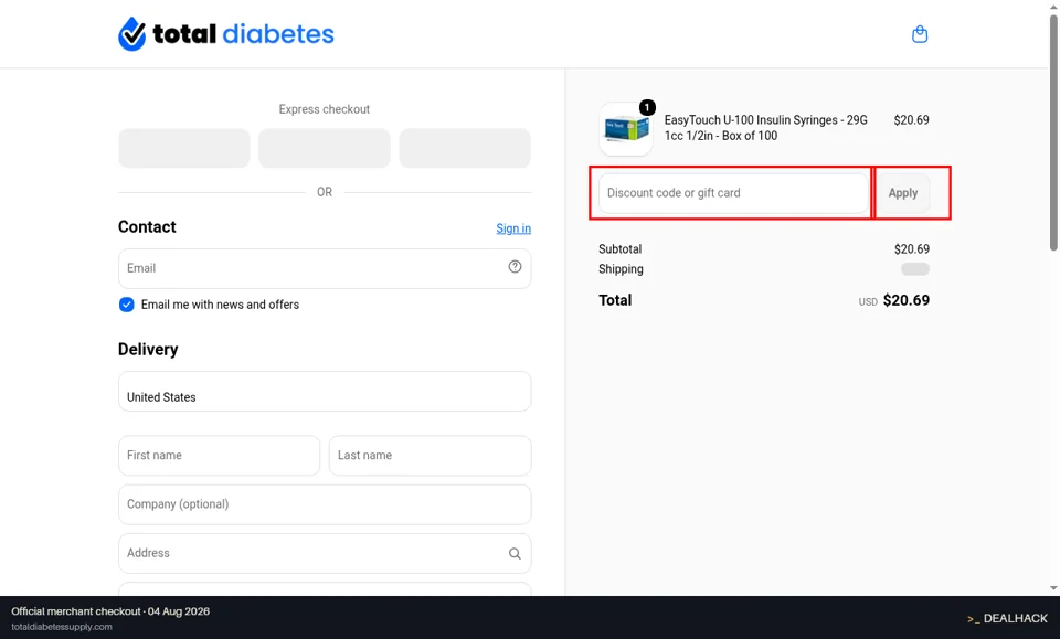 Total Diabetes Supply checkout page showing the Discount code or gift card field and Apply button