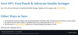 Screenshot of Total Diabetes Supply's website on Oct 17, 2026 showing the "10% Off Advocate & EasyTouch Insulin Syringes" offer