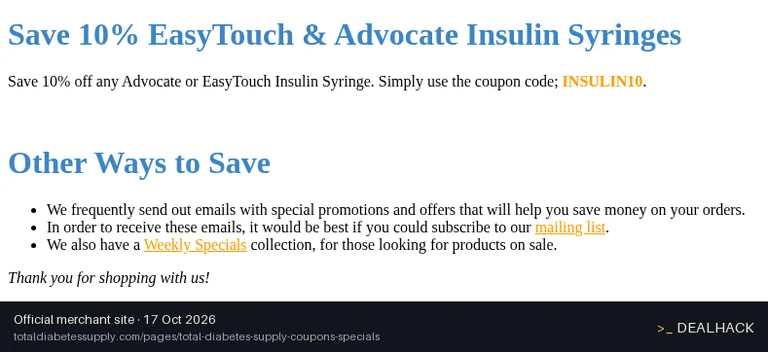 Screenshot of Total Diabetes Supply's website on Oct 17, 2026 showing the "10% Off Advocate & EasyTouch Insulin Syringes" offer