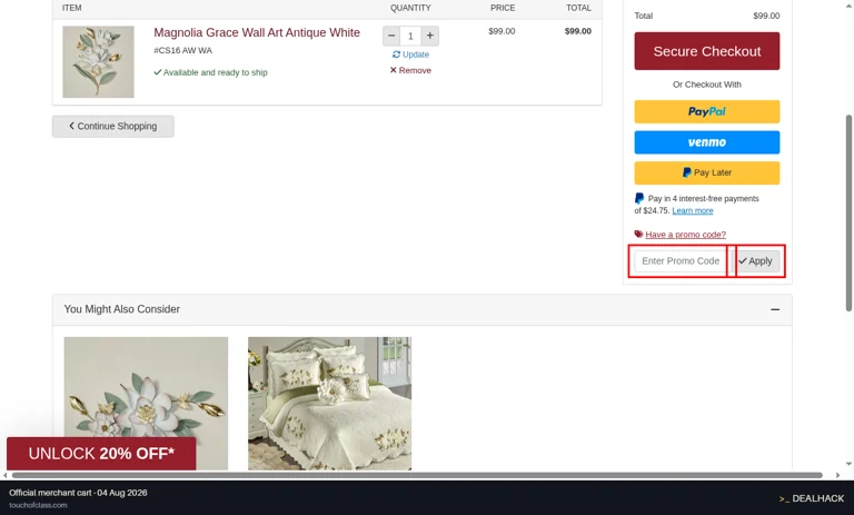 Touch of Class checkout page showing the Enter Promo Code field and Apply button