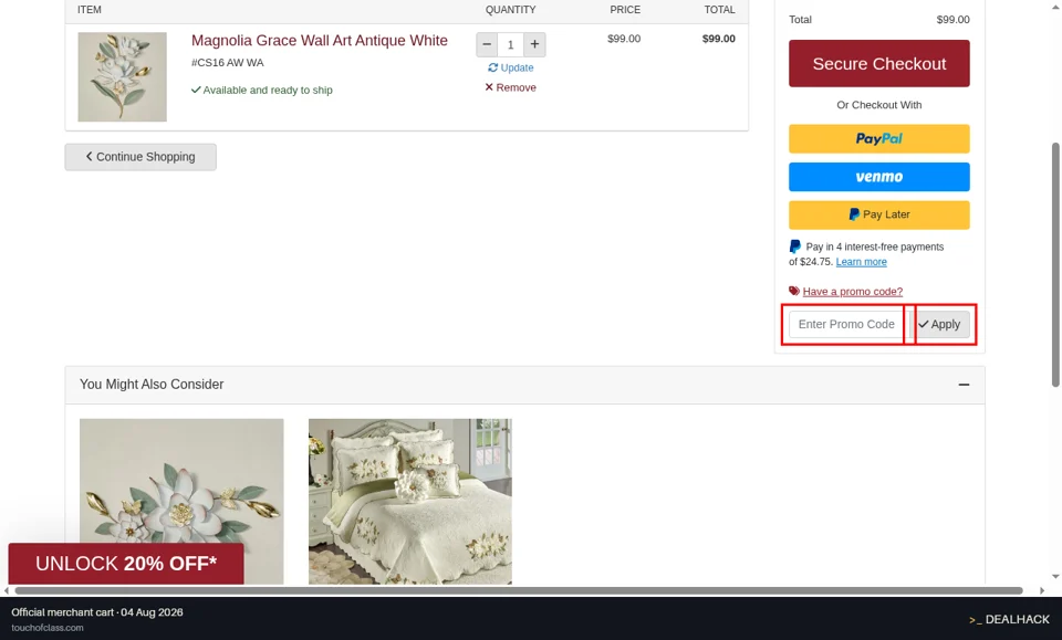 Touch of Class checkout page showing the Enter Promo Code field and Apply button