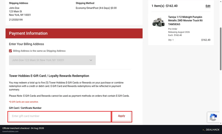 Tower Hobbies checkout page showing the Enter your coupon code field and Apply button