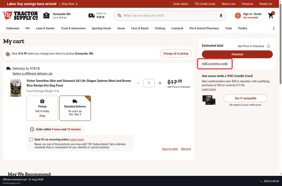 Tractor Supply Co checkout page showing the Enter Promo Code field and Apply button