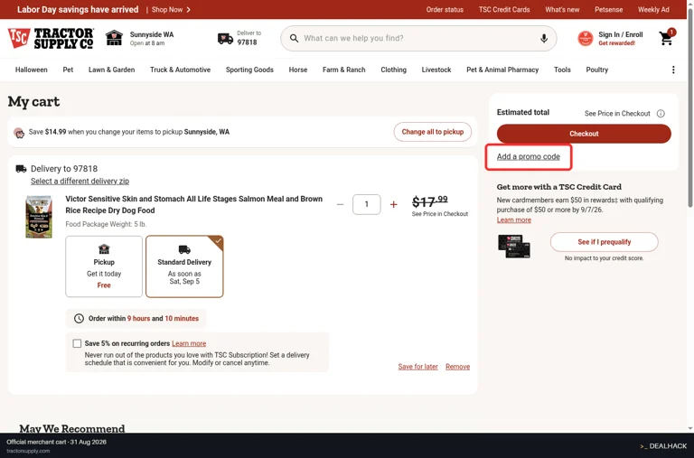 Tractor Supply Co checkout page showing the Enter Promo Code field and Apply button