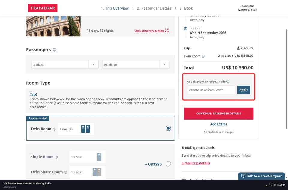 Trafalgar Tours checkout page showing the Promo or referral code field and Apply button