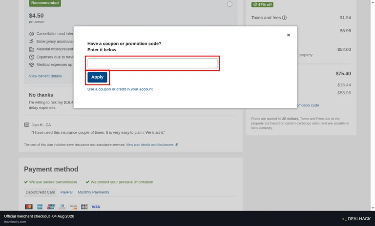 Travelocity checkout page showing the Enter it below field and Apply button