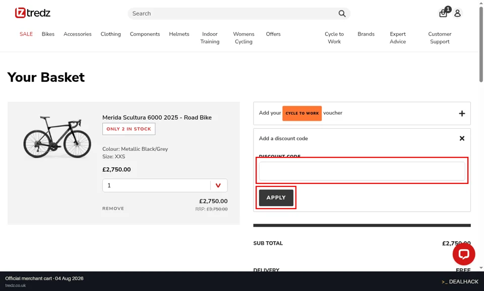 Tredz checkout page showing the DISCOUNT CODE field and APPLY button