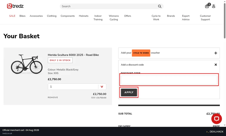 Tredz checkout page showing the DISCOUNT CODE field and APPLY button
