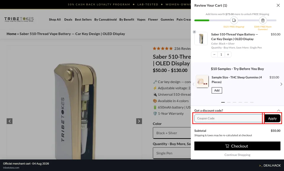 Tribe Tokes checkout page showing the Coupon Code field and Apply button