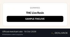 Screenshot of Tribe Tokes's website on Oct 16, 2026 showing the "Free THC Live Resin Sample on $100+ Orders" offer