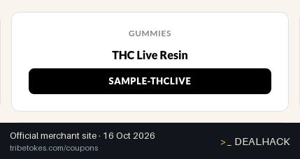 Screenshot of Tribe Tokes's website on Oct 16, 2026 showing the "Free THC Live Resin Sample on $100+ Orders" offer